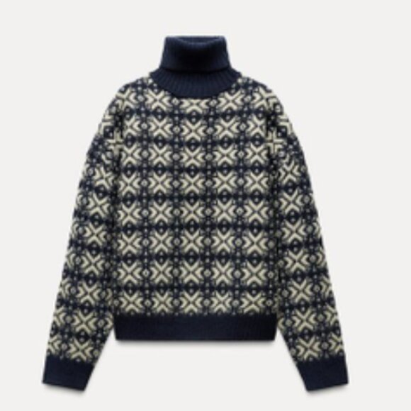NWOT Zara JACQUARD SLIGHTLY KNIT FAIR ISLE TURTLENECK SWEATER NAVY CREAM Wool - Picture 4 of 9
